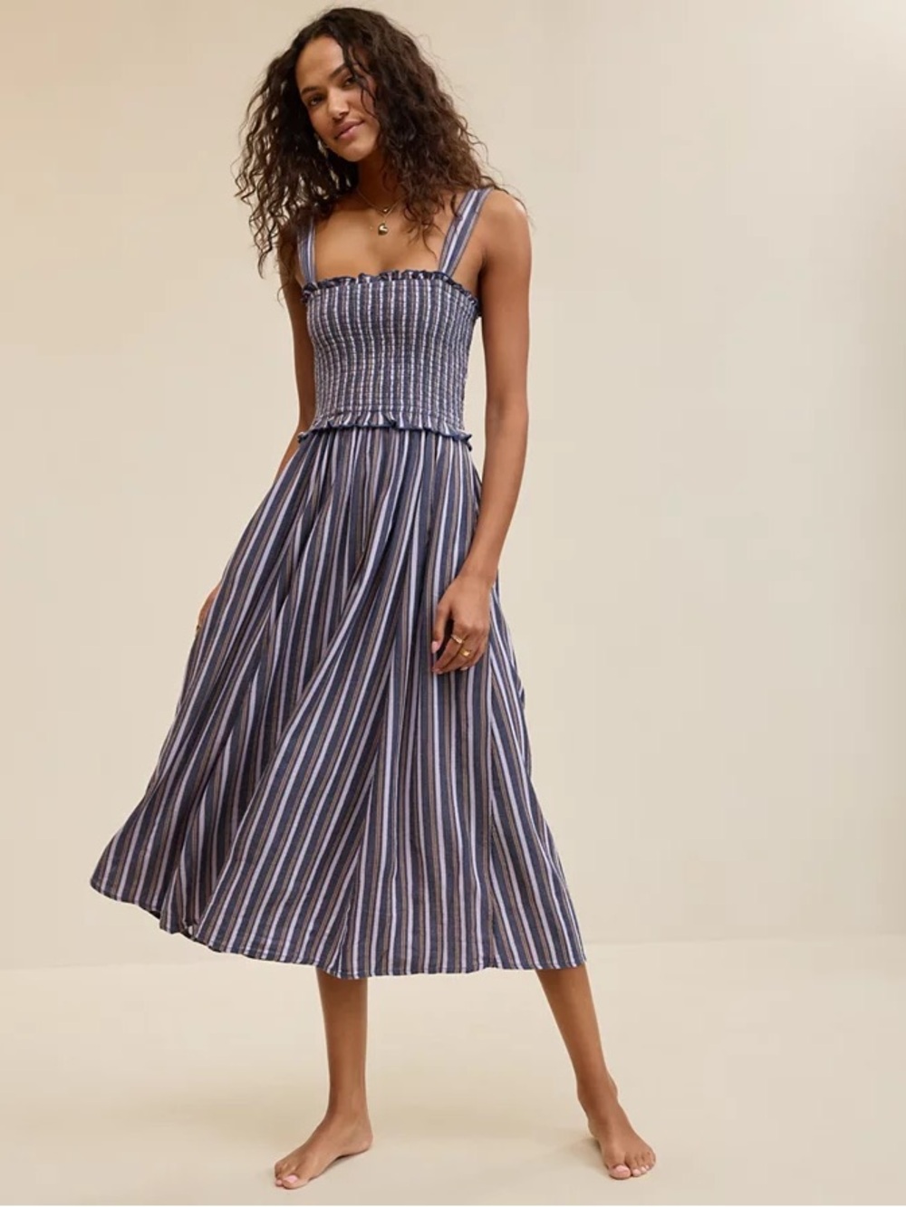 Aerie Striped Blue Smocked Midi Dress - Women